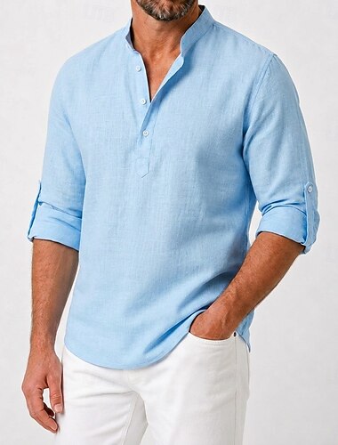  Hombre Camisa de manga corta Camisa casual Camisa de playa Plano Casual Playa Azul Manga Larga Collar mandarín Primavera verano Ropa