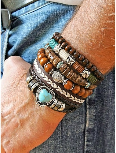  Herenarmbandenset in bohemian stijl, vintage leren en houten kralenarmbanden, stapelarmbanden met turquoise accenten, verstelbare handgemaakte sieraden voor casual gebruik, reizen, festivals, cadeau