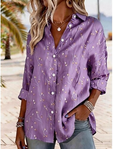  Dames Overhemd Blouse Lapwerk Knop Grafisch Geometrisch Stijlvol Klassiek Modern Lange mouw Overhemdkraag Croptops Casual Dagelijks Feestdagen blauw Blozend Roze Paars Groen Zomer Lente Herfst Winter