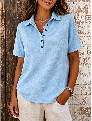 Mujer Sayo Botones Color sólido Vintage Elegante Clásico Manga Corta Cuello Camisero Tops largos Casual Diario Azul Piscina Negro Blanco Rosa Rojo Verano Primavera