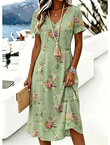  Dames Mini-jurk T shirt jurk A lijn jurk Vakantie Casual Boho Strand Normale pasvorm Bloemig Grafisch Korte mouw V-hals Diep Groen Groen Zomer Lente