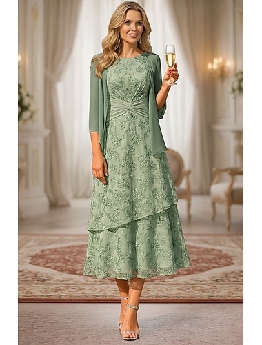  Zweiteilig A-Linie Tee-Länge Brautmutterkleid Ärmellos Dreiviertelarm U-Boot-Ausschnitt Elegant Einfach Minimalistisch Formell Semi-Formal Spitze Jackenkleider mit Gerafft Rüschen Stickerei
