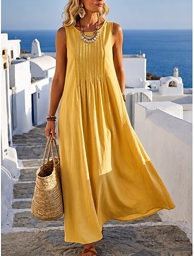  Mulheres Vestido Longo Vestido casual Vestido Colete Vestido de verão Básico Clássico Diário Férias Ajuste Largo Tecido Sem Manga Gola Redonda Branco Amarelo Rosa Azul Claro Verão Primavera