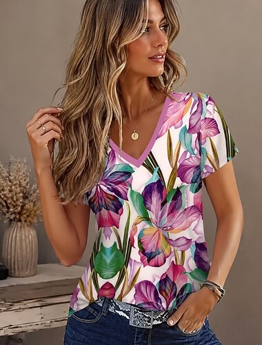  Pasqua Per donna Maglietta Stampato Floreale Grafico Elegante Classico Casual Manica Corta Scollo a V Top Regolari Casuale Quotidiano Sportivo Viola Estate Primavera