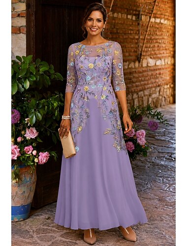  A-linje Ankellång Klänning till brudens mor 3/4 ärm Rund hals Illusionshalsband Elegant Vintage Formell Bröllopsgäst Bröllopsfest Chiffong Tyll med 3D-blommor Broderad Blomma