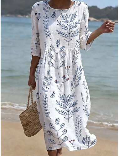  Per donna Abito Midi Abito a Tubino Vestito Estivo Vacanza Casual Spiaggia Uscire Vestibilità regolare Floreale Grafico Manica 3/4 Girocollo Blu Bianco Giallo Verde chiaro Estate Primavera