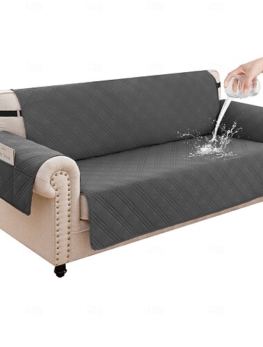  Capa para sofá de 3 lugares para animais de estimação, 100% impermeável e resistente a derramamentos, capa acolchoada de 4 camadas com bolsos laterais, antiderrapante, lavável, protetora de móveis