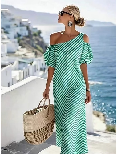  Dames Maxi-jurk Zonnejurk Schede jurk Off-the-shoulder jurk Vakantie Feest Casual Lantaarn mouw Strand Feest Bruiloft Streep Korte mouw koude schouder blauw Rood Groen Zomer Lente Herfst