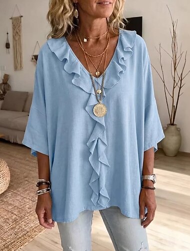  Mujer Camisa Volante Color sólido Plano Elegante Vacaciones Diario Manga 3/4 Escote en Pico Tops largos Casual Diario Festivos Blanco Negro Azul cielo Marrón Verde Trébol Verano Primavera