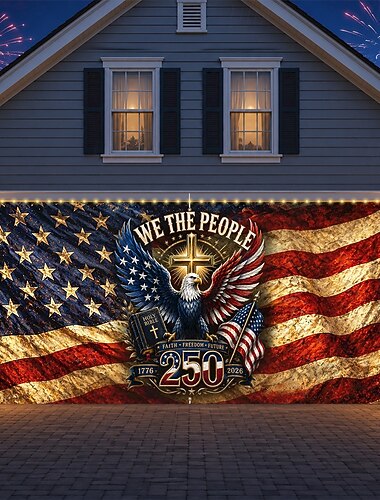  Garagentorabdeckung zum 250. Jahrestag der USA mit Lichterkette, Fotohintergrund mit Adlermotiv zum 4. Juli, USA-Banner (1776–2026) für patriotische Dekoration zum Unabhängigkeitstag