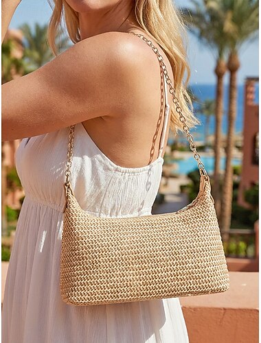  Damvävd axelväska crossbody-väska, halmstickad hobo-väska med justerbar rem och guldkedja, elfenbenskakifärgad sommarsemester- och strandreseväska för dagligt bruk