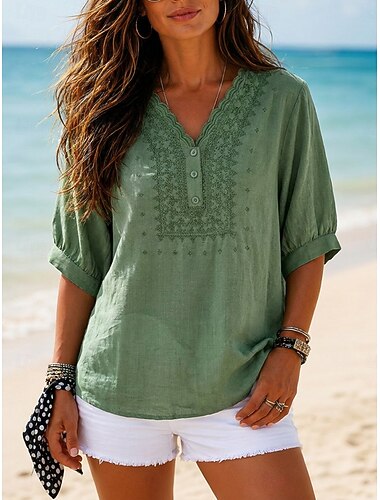  Dames Overhemd Textuur Geborduurd Knop Vintage 3/4 mouw Wit Zwart Groen Koffie Zomer Lente
