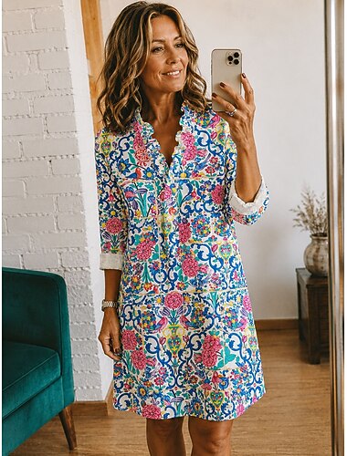  Dam Knälång klänning Skiftklänning Vardagsklänning Elegant Semester Stylish Strand Helgdag Normal Grafisk Paisley Långärmad V-hals Blå Vit Orange Sommar Vår