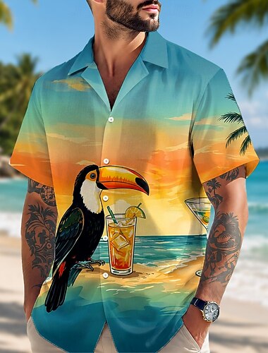  Homens Papagaio Coqueiro Plantas Tropicais Camisa Social Camisas havaianas Camisa de acampamento Manga Curta Havaiana Diário Feriado férias na praia Verão Primavera colar cubano Impressão 3D Azul