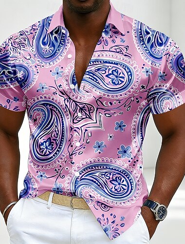  男性用 ペーズリー 勾配ランプ 抽象的な液体アート シャツ サテンシャツ ドレスシャツ 半袖 ヴィンテージ 日常 バケーション 夏 春 折襟 襟付きシャツ 3Dプリント ボタンアップシャツ ブルー ホワイト 青1# イエロー ピンク