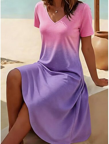  Damen Knielanges Kleid T-Shirt-Kleid A Linie Kleid Urlaub Lässig Boho Strand Normale Passform Grafik Farbverläufe Kurzarm V Ausschnitt Blau Gelb Rosa Grün Sommer Frühling