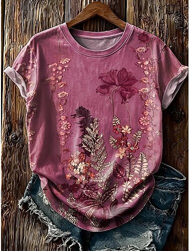 Dames T-shirt Afdrukken Bloemig Grafisch Vintage Stijlvol Klassiek Korte mouw Strakke ronde hals Normale tops Casual Dagelijks Weekend Blozend Roze Stoffig blauw Beige Zomer Lente