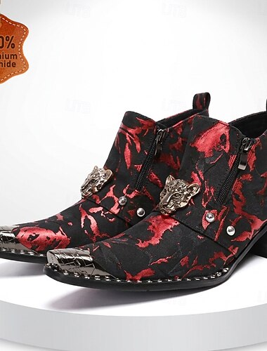  Botas masculinas pretas e vermelhas estilo western – botas de cano curto com caveira gótica, calçado de grife para shows, festivais de rock, boates e apresentações ao vivo.
