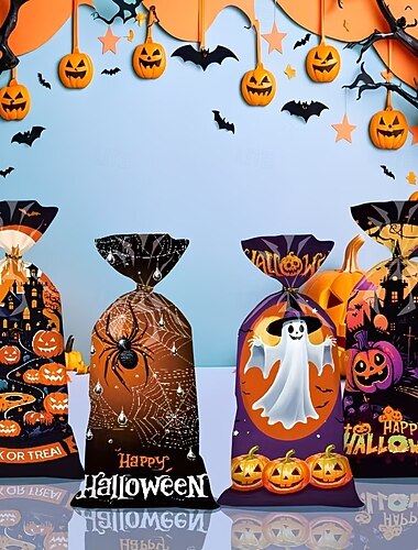  Halloween-godteriposer, 100 stk. knask-eller-knep-gaveposer med gresskar-, flaggermus-, heks- og spøkelsesdesign, festposer med flat topp til godteri, snacks, Halloween-festutstyr og dekorasjoner