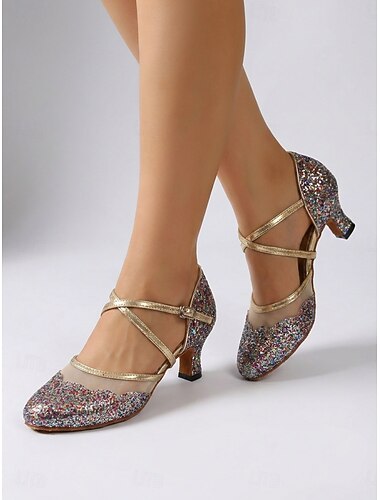  Eleganta flerfärgade glitterskor för damdans, bekväma pumps med korsrem och mellanhög klack för vals, tango, sällskapsdans, bröllop och kvällsevenemang