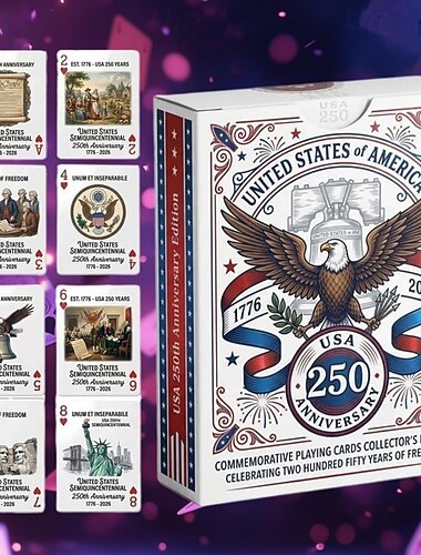  Baralho comemorativo do 250º aniversário dos EUA, edição de colecionador do semiquincentenário (1776-2026), baralho histórico patriótico dos Estados Unidos, presente para amantes da história.