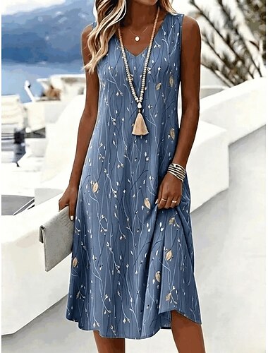  Per donna Abito Midi Vestito Estivo Abito a trapezio Abito a spalle scoperte Vacanza Ferie Vestibilità regolare Floreale Grafico Geometrico Senza Maniche Scollo a V Blu Rosso Verde Estate Primavera