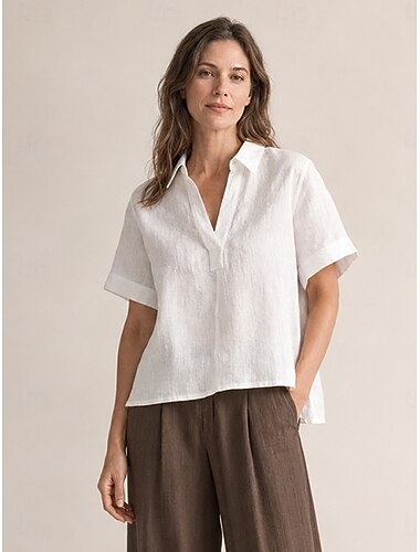  damebluse i 100 % europeisk lin med korte ermer, v-hals, ensfarget, elegant, avslappet, blå, hvit, oransje