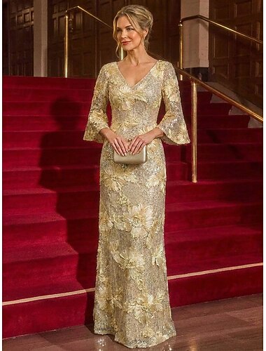  Åtsmitande Klänningar Golvlång Klänning till brudens mor 3/4 ärm V-hals Elegant Vintage Lyxig Formell Bröllopsgäst Förlovningsfest Paljetter med 3D-blommor Paljett Broderad