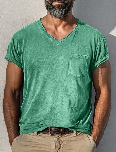  Herren Baumwoll-T-Shirt Gewaschenes Hemd T-Shirt Kurzarm V Ausschnitt Sommer Frühling Ganzjahres Einfarbig Einfach Retro Vintage Betrübt Tasche Stückgefärbt Rohkante Lässig Urlaub Straße Hellblau