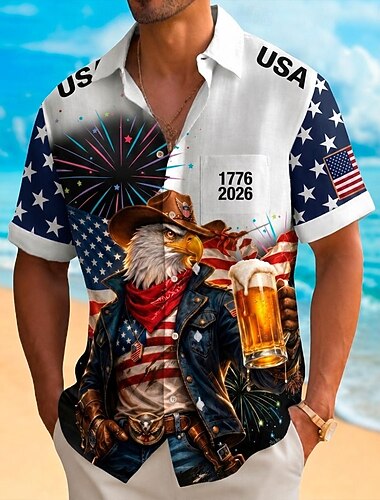  4. heinäkuuta 2026 250. Miesten Amerikan lippu Paita Kesä paita Lyhythihainen Patriotismi Päivittäin Katuvaatteet Kesä Kevät Sänkyjen avaus 3D-tulostus Edessä yksi tasku Napitettavat paidat Sininen