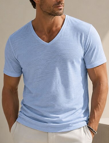  Per uomo Maglietta Maglietta in misto cotone Manica Corta Scollo a V Primavera & Estate Estate Primavera Tinta unica Semplice Vintage Stile Boho Casual Puro Casuale Vacanza Streetwear Bianco Nero Blu