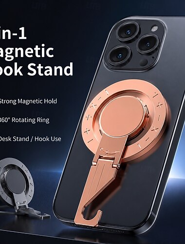  Suporte magnético de anel para celular com gancho, suporte dobrável giratório 360° compatível com MagSafe, suporte magnético forte para iPhone 17, 16 e 15, apoio para os dedos para mesa e academia. &