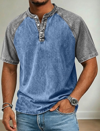  Per uomo Maglia Henley Camicia 100% cotone lavaggio acido Manica Corta Blocco di colori Patchwork Lavato Retrò Vintage Casual Henley Patchwork Stile Vintage Blocco di colore Henley Casuale Estate