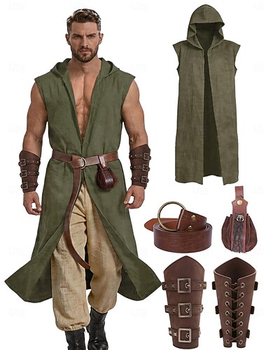  Set Retro Vintage Mittelalterlich Renaissance Weste Taillengürtel Armschützer mit Zubehör Ärmellos Ritter Ranger Kostüm Herren Fantasie Halloween Karneval Renaissance-Messe LARP Erwachsene Weste