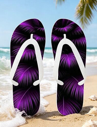  menns hvite lilla strandflip-flops - lette sommersandaler med tropisk palmebladtrykk, sklisikre komfortable thong-sandaler for strand, basseng, ferie og resortbruk