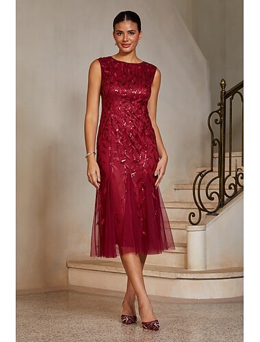  Femmes Sirène Trompette Robe de Cocktail Robe d'invité de mariage Longueur thé Col Bateau Sans manches Élégant ancien Années 1980 La mère de la mariée Soirée Semi-Formel avec Maille Paillettes