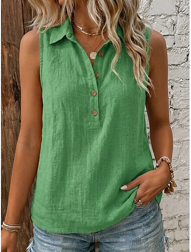  Per donna Gilet in cotone e lino Tessuto Bottoni Vintage Senza Maniche Bavero Top Regolari Bianco Giallo Verde Estate Primavera