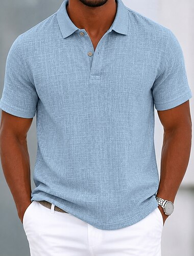  Hombre Camisa de lino Camisetas polo Casual Vacaciones Clásico Manga Corta Moda Color sólido Botones Puro Verano Primavera Ajuste regular Azul Piscina Blanco Negro Azul Marino Marrón Verde Trébol