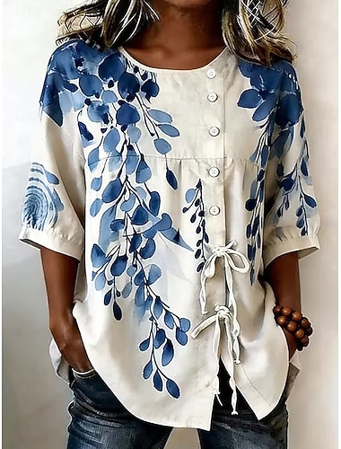  Dames Blouse Trekkoord Lapwerk Knop Bloemig Grafisch Elegant Bohemen Vintage Korte mouw 3/4 mouw Strakke ronde hals Lange tops Casual blauw Blozend Roze Groen Zomer Lente