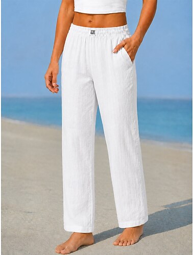  Dames linnen broek, casual broek, zomerbroek, vakantiebroek, mode, streetwear, lange lengte, hoge taille, effen, zak, elastische taille, ademend, comfortabel, niet-elastisch, dagelijks, vakantie, straat