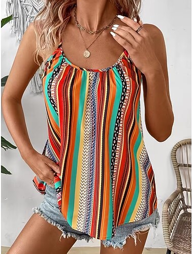  Naisten Camisole Tank Top Painettu Kuvitettu Geometrinen Vintage Muoti Hihaton hihnat Tavalliset topit Kausaliteetti Päivittäin Hiekkaranta Rubiini Purppura Apila Kesä Kevät