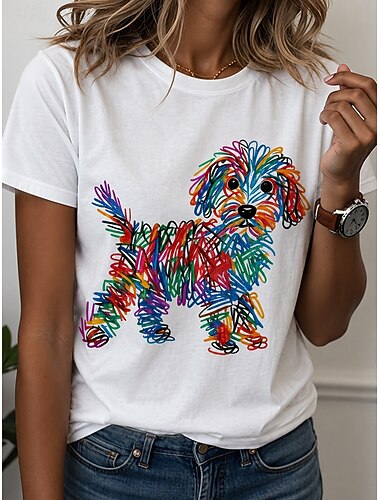  Dames T-shirt Afdrukken Grafisch dier Hond Stijlvol Klassiek Casual Korte mouw Strakke ronde hals Normale tops Casual Dagelijks blauw Geel Regenboog Zomer Lente