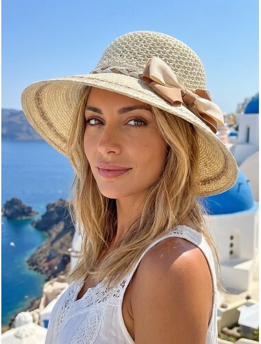  Chapeau de soleil tressé à larges bords pour femme, orné d'un nœud, élégant chapeau d'été multicolore style paille, casquette légère idéale pour la plage, les vacances, les voyages et les activités de