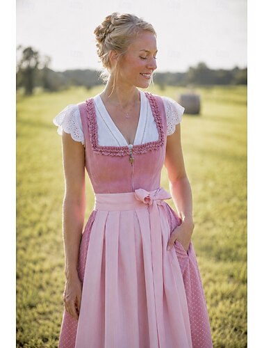  Oktoberfest Vestido Dirndl Comprimento Midi Com bolsos Decote Balconette Empregada Bávaro Alemão Alpino prados Mulheres Carnaval Festival da Cerveja Pano de Estilo Tradicional (65CM) Sem Blusa