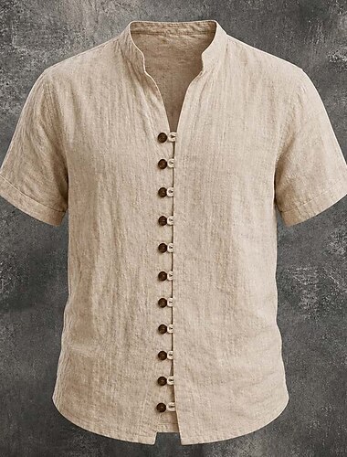  Masculino Camisa de linho camisa de verão Roupa de Praia camisa de botão Tecido Casual Férias Preto Branco Rosa Azul Céu Manga Curta Colarinho Chinês Primavera Verão Verão Roupa Botões