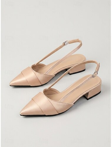  Dampumps i satin med champagnefärgad slingback, eleganta lågklackade pumps med spetsig tå för kvällsmiddagar, cocktailpartyn och bröllop &formella evenemang