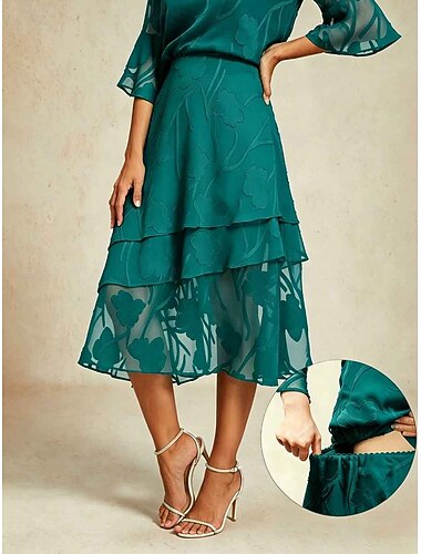  Dames Chiffon rok Elegant Midi Medium Taille Rokken Meerlaags Elastische tailleband Inelastisch Bruiloftsgast Taling Zomer