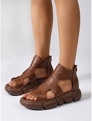  Sandale gladiator cu platformă din piele microbiană maro pentru femei - sandale vintage cu talpă groasă, vârful deschis, bareta la gleznă și fermoar la spate, pantofi de mers confortabili pentru