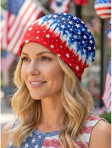  Gorro bohemio patriótico para mujer &Bufanda tubular para el cuello, poliéster elástico ligero con estampado multicolor de EE. UU., gorro de verano para el Día de la Independencia de Estados Unidos, 4