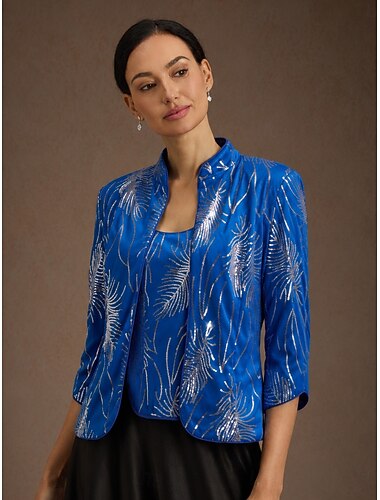  Dames Blouse Geklede topjes Avondtops Pailletten Veer Elegant 3/4 mouw Mandarijn Kraag Normale tops Avond Feest Formele kleding Cocktail kledij Marine Blauw Lente Herfst Winter